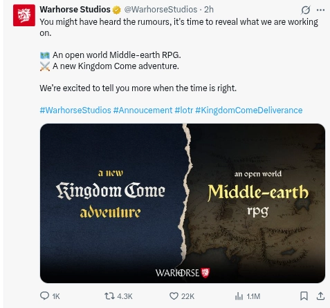 Warhorse офіційно підтвердила RPG у Середзем'ї та нову пригоду Kingdom Come 2